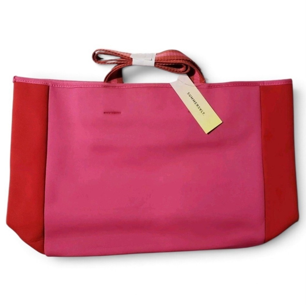 SUMMERSALT Neoprene Beach Tote Pink Red Mesh Zippered Inner Pocket Snap Closure